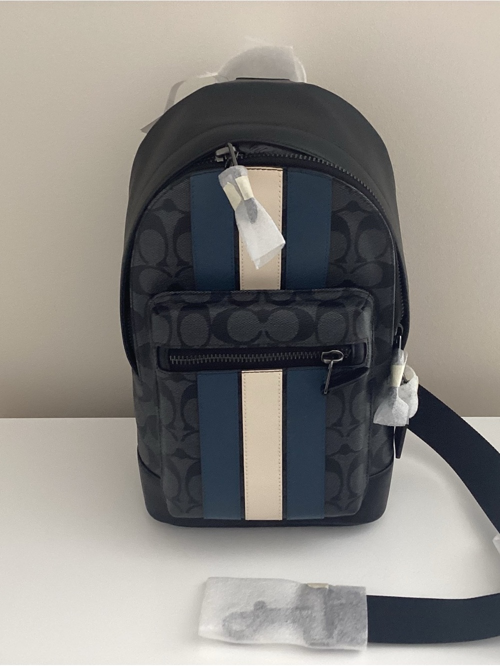 Coach Monogram black and graySignature mini Backpack cream and navy stripe